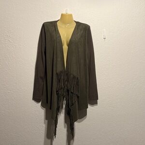 INC International Concepts Olive Fringe Cardigan Faux Suede Boho Size L Earthy